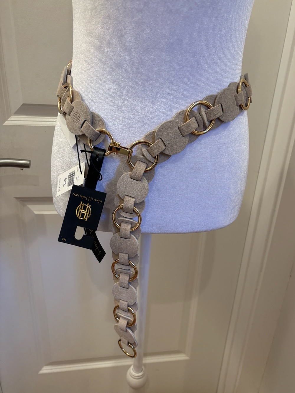 NWT House of Harlow 1960 Beige suede gold Chain-Link adjustable Waist Belt - M/L